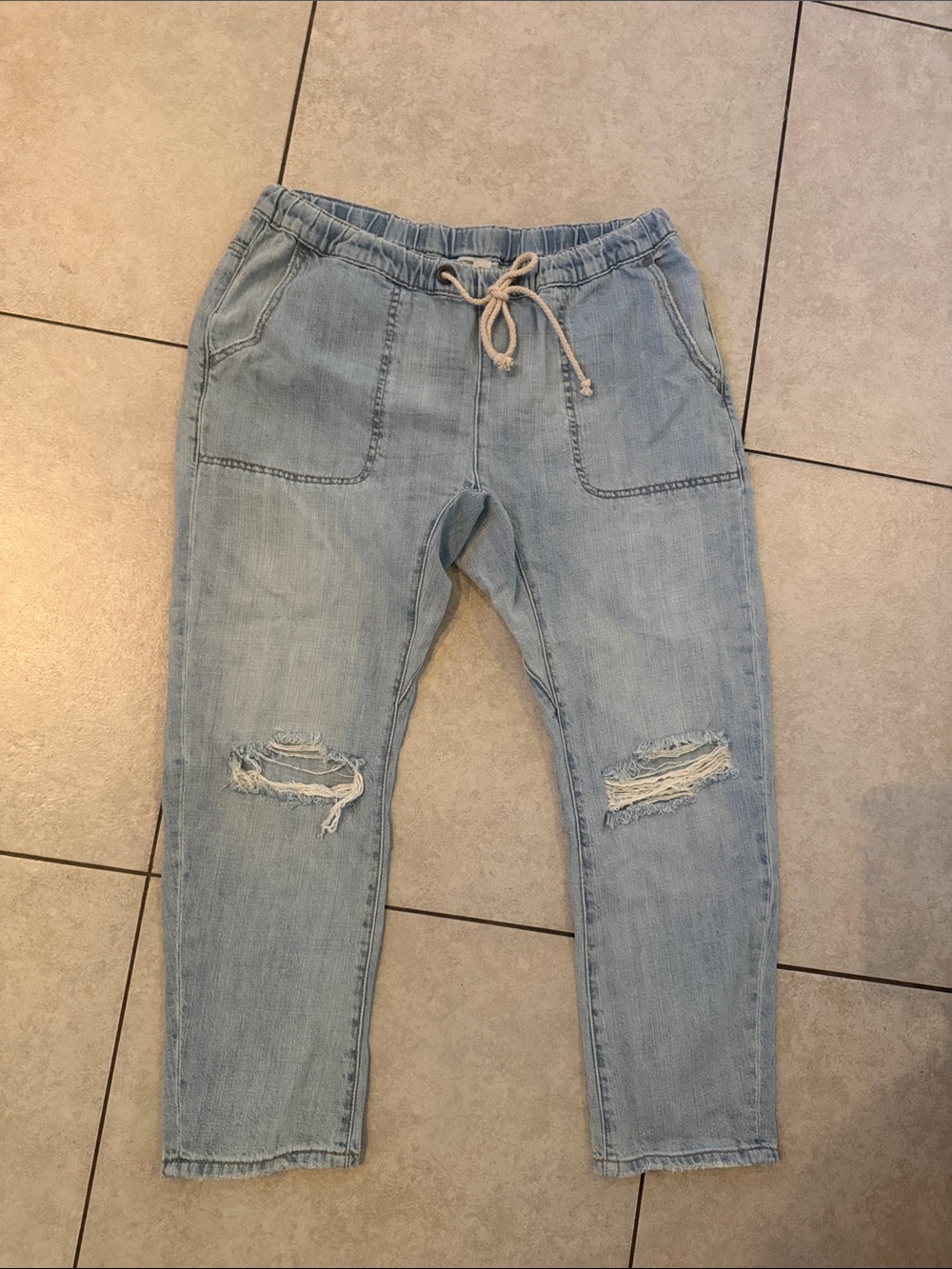 One Teaspoon Light Blue Distressed Drawstring Boyfriend Jeans